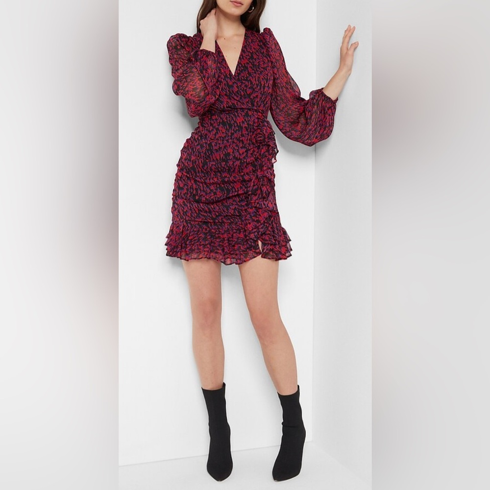 Express Abstract Print Faux Wrap Ruffle Mini Dress, size small